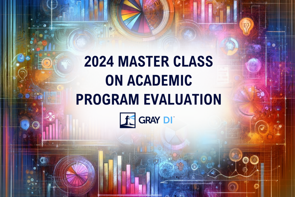 Abstract image of data and charts with the words 2024 Master Class on Academic Program Evaluation